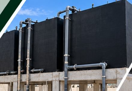 Concrete water tanks on plinths with plumbing